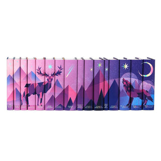 Sarah J Maas Complete Limited Edition Book Set from Juniper Books. Book Covers feature iridescent foil stars and book titles, illustrations of a stag, mountains, and a wolf on a pink purple gradient background.
