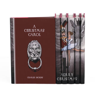 This festive set of novels is the perfect way to celebrate your favorite year-end traditions. Book Set, gift, trade, Christmas shopping. Covers feature black and white illustrations of a door knocker.