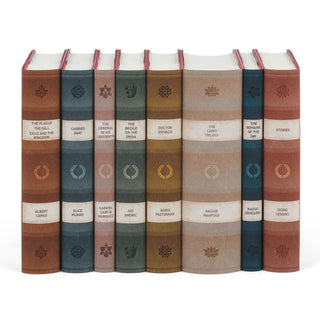 Our design emulates leather-bound books with unique art deco covers. On the spines you will find a laurel crown, a symbol of the Nobel Prize, as well as the national flower of each laureate's home country or heritage. A great gift for literature lovers! Trade. Message.