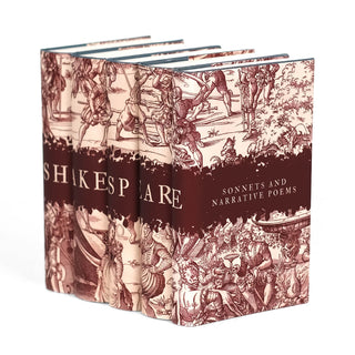 Shakespeare book set with custom collectible jackets from Juniper Books. Covers feature a dark red woodcut illustrations and Shakspeare written across spines.
