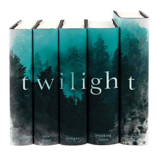 Twilight Saga four book set from Juniper Books. Twilight typed across spines in white serif font set against a blue and gray watercolor style foggy pine forest. Book title centered at the bottom of each spine.
