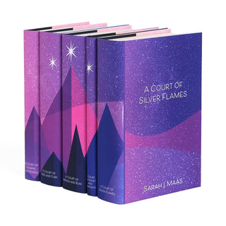A pink and purple mountain range spans book spines set against a starry sky. Three stars sit atop the highest mountain. Front cover of jackets feature book title and author name in white sans serif font.