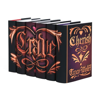 Side angle shot of the Crave Series by Tracy Wolff. Bronze ornamental gothic illustration of the word "Crave". Illustration set against a pink to black gradients surrounded by embossed style ornaments and a pink heart centered across the spines.