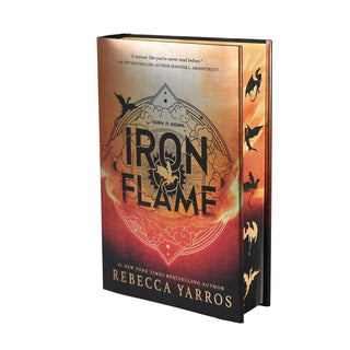 Book titled 'Iron Flame' by Rebecca Yarros with fiery design on the cover.