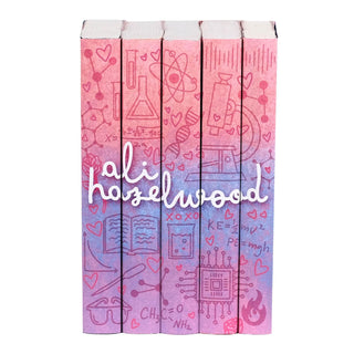 A set of five Ali Hazelwood novels in custom designed book jackets on a white background. A continuous design is visible across the spines of all five books, with the name 'Ali Hazelwood' written in white lettering with a playful lowercase cursive font across the center. The design features a pink, blue, and purple gradient peppered with various doodle-like symbols including hearts and lab equipment. The design has a fun and flirty feel that fits right in with Ali Hazelwood's STEMinist novels.