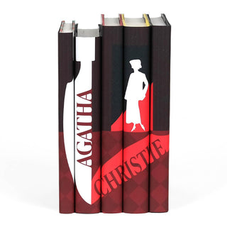 Book cover design features a white knife silhouette in the foreground with 'Agatha' written down the blade and 'Christie' in the knife shadow and a white silhouette of a woman in the background. Covers are designed in shades of red and maroon.