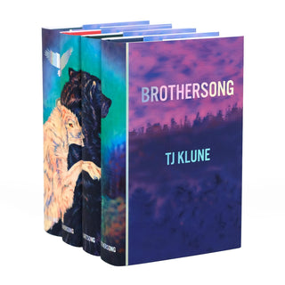 A set of four hardcover books with custom dust jackets, positioned at an angle. The book spines form a continuous illustration of two wolves, one light-colored and one dark, embracing with a black bird flying overhead against a vibrant background of teal, blue, and purple. The covers features book title and author name in holographic foil with a purple and pink sky over a forest silhouette. The spines of the book covers feature the book titles at the base of each book in holographic foil.