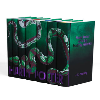 Green serpent Slytherin dust jackets on Harry Potter book set with purple foil type from Juniper Books