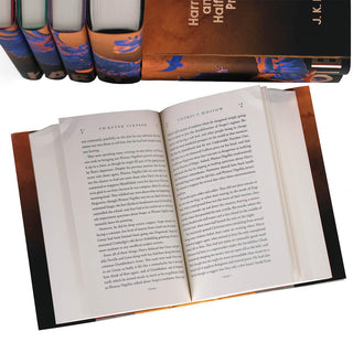Close up of Harry Potter book laying open displaying the font size and layout of book pages