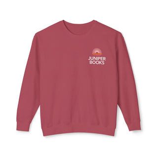 Juniper Books Crewneck Sweatshirt in crimson. Juniper Books logo and company name on left chest.