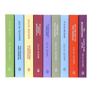 Unjacketed Bridgerton books by Julia Quinn showing original spines beneath Juniper Books book covers.
