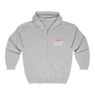 Juniper Books Full Zip Hooded Sweatshirt in sport grey. Juniper Books logo and company name on left chest in white.