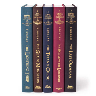 Unjacketed Percy Jackson and the Olympians Book Set by Rick Riordan showing original spines beneath Juniper Books book covers.
