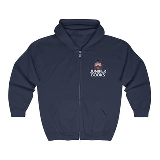 Juniper Books Full Zip Hooded Sweatshirt in Navy. Juniper Books logo and company name on left chest in white.