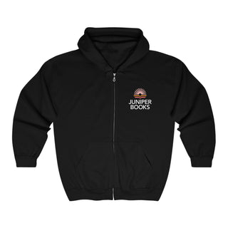 Juniper Books Full Zip Hooded Sweatshirt in black. Juniper Books logo and company name on left chest in white.