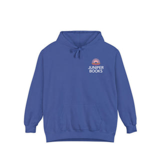 Juniper Books Hoodie in flo blue. Juniper Books logo and company name on left chest in white.