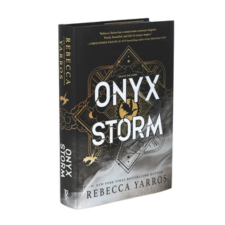 Book titled 'Onyx Storm' by Rebecca Yarros on a white background