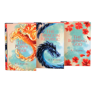 The three books in The Poppy War trilogy by R.F. Kuang, displayed side by side to highlight their covers. Each cover features a distinct design: The Poppy War showcases a fiery orange phoenix, The Dragon Republic depicts a fierce blue dragon, and The Burning God features vibrant red poppies against a serene blue and cream background. The cohesive designs create a striking and thematic representation of the trilogy.