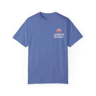 Juniper Books T Shirt in Mystic Blue. Juniper Books logo and company name on left chest in white.