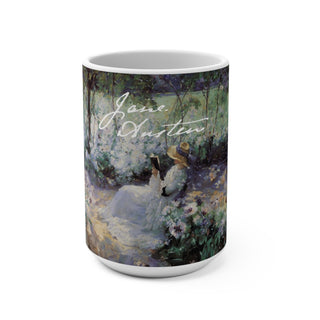 Large ceramic mug displaying 'Delicious Solitude' by Frank Bramley and Jane Austen's Signature. Painting of a woman reading in a lush garden wraps around exterior of mug. Interior and trim on the outside of mug is white.