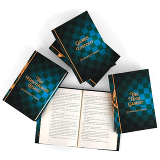 Open book view of The Inheritance Games, surrounded by other books in the Inheritance series by Jennifer Lynn Barnes. Open book displays print size. The covers feature a black and green checker board with series title and the author's name in a yellow font.