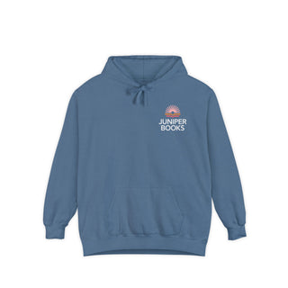 Juniper Books Hoodie in blue jean. Juniper Books logo and company name on left chest in white.