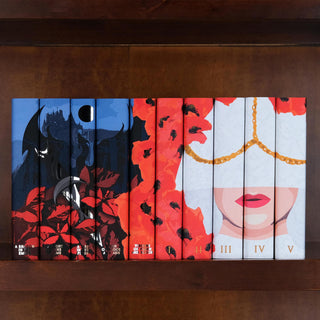 Install of Limited Edition Flesh and Fire series next to Blood and Ash book Set from Juniper Books. Red poppies blend together creating a seamless design.