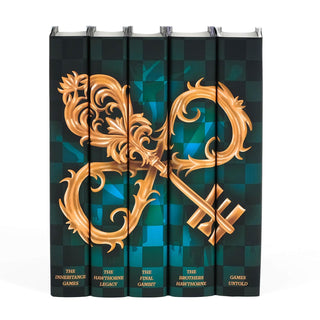 Spines of The Inheritance Series by Jennifer Lynn Barnes from Juniper Books, with a connected illustration of a lavish, ornate gold key crossing an intricate, ornamental gold foil infinite symbol set against a black and green checkerboard. Other motifs from the book, a ballerina, a knife, a dagger, and a castle are set against the checkerboard in a opaque greenish white and the book titles sit at the bottom or each spine in a yellow font.