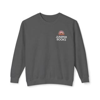 Juniper Books Crewneck Sweatshirt in pepper. Juniper Books logo and company name on left chest.