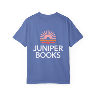 Backside of Juniper Books T Shirt in Mystic Blue. Back of shirt features Juniper Books logo and company name on full back.