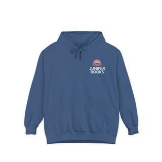 Juniper Books Hoodie in true navy. Juniper Books logo and company name on left chest in white.