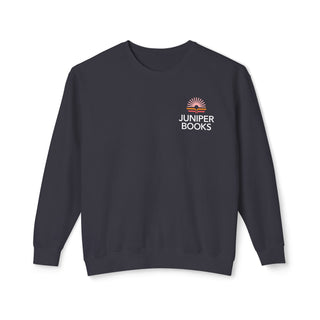 Juniper Books Crewneck Sweatshirt in black. Juniper Books logo and company name on left chest.