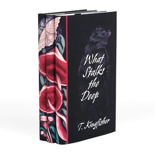 Angled view displaying spine and cover design of Sworn Soldier Series by T. Kingfisher wrapped in Juniper Books collectible book covers.