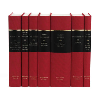 A set of seven classic hardcover books from Everyman’s Library, standing upright in a row. The books have a uniform design with red cloth bindings, black spine labels, and gold lettering. The spines feature the author name and book title and the publisher's logo.