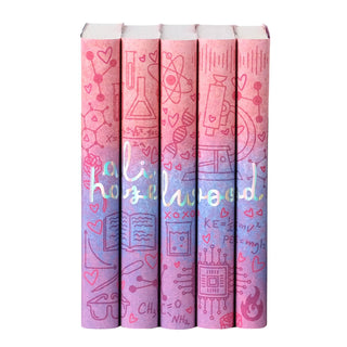 A set of five Ali Hazelwood novels in custom designed book jackets on a white background. A continuous design is visible across the spines of all five books, with the name 'Ali Hazelwood' written in a playful lowercase cursive font across all five books. The cursive lettering stands out with a shimmering, elegant foiling effect. The design features a pink, blue, and purple gradient peppered with scientific and flirty symbols including hearts and lab equipment.