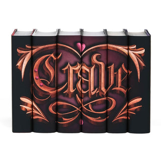 Bronze ornamental gothic illustration of the word "Crave". Illustration set against a pink to black gradients surrounded by embossed style ornaments and a pink heart centered across the spines.