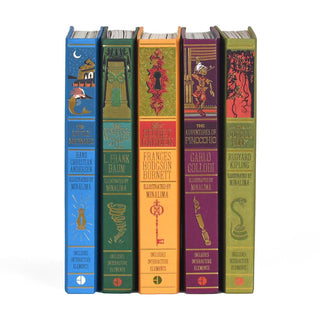 Children's fairytale books by MinaLima. Books spines are illustrated with book title and author on spines. Spines are unjacketed and come in blue, green, yellow, and purple.