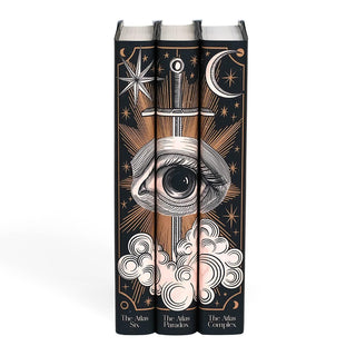 The Atlas Series with custom book covers. Book covers designed in illustrative woodcut style featuring an eye, a sword, and cloud set against ornamental detailing and stars. Book title at the base of each cover and centered with book spine. 
