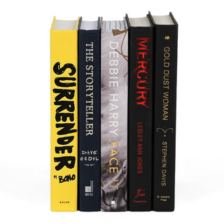 Unjacketed book spines in the Legends of Rock Book Set from Juniper Books. Spines feature author name, book title, and publisher.