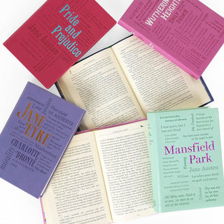 Open book to display print size. Open book surrounded by covers of other faux leather word cloud books in set.