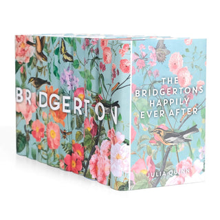 Angled view displaying spine and cover design of Bridgerton by Julia Quinn wrapped in Juniper Books collectible book covers.