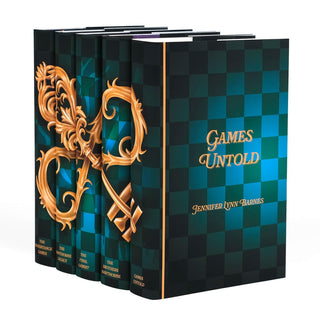 Angled view of five hardcover books from The Inheritance Series by Jennifer Lynn Barnes. The dust jackets form a continuous illustration of a a lavish, ornate gold key crossing an intricate, ornamental gold infinite symbol set against a black and green checkerboard. The title Games Untold and the author's name are prominently displayed on the front cover of the rightmost book in a yellow font.