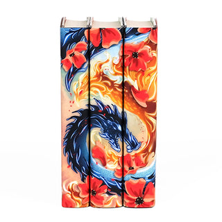 A set of three books from The Poppy War trilogy by R.F. Kuang with visually stunning dust jackets. The artwork showcases a dynamic blue dragon coiled amidst a fiery phoenix and vibrant red poppies, with the spines aligning to form a seamless, bold design.