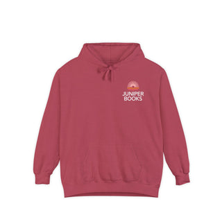 Juniper Books Hoodie in crimson. Juniper Books logo and company name on left chest in white.