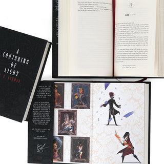 Open book display prints size. Inner dust jacket flap features a message from the author and her digital signature. Collector editions of books feature character art on the end pages of each book.