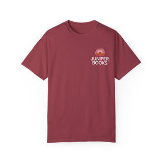 Juniper Books T Shirt in Crimson. Juniper Books logo and company name on left chest in white.