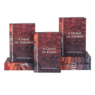 Front covers of dust jackets feature epic medieval battle set against a red and black gradient with author name and book title in a bold white serif font.