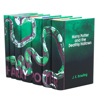 Green Snake Slytherin custom collectible dust jackets on Harry Potter book set with from Juniper Books