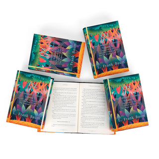  A set of 'The Wizard of Oz' hardcover books displayed with one open book flat and four lying flat to reveal the colorful cover artwork.  Each cover is labeled with the volume number and titles it contains. The covers are decorated with a vibrant forest design in shades of teal, orange, purple, and green, resembling an enchanted woodland. The author, L. Frank Baum, is printed on each cover.