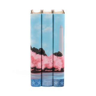 Three books with a cover design of the Washington Monument and cherry blossoms against a blue sky.